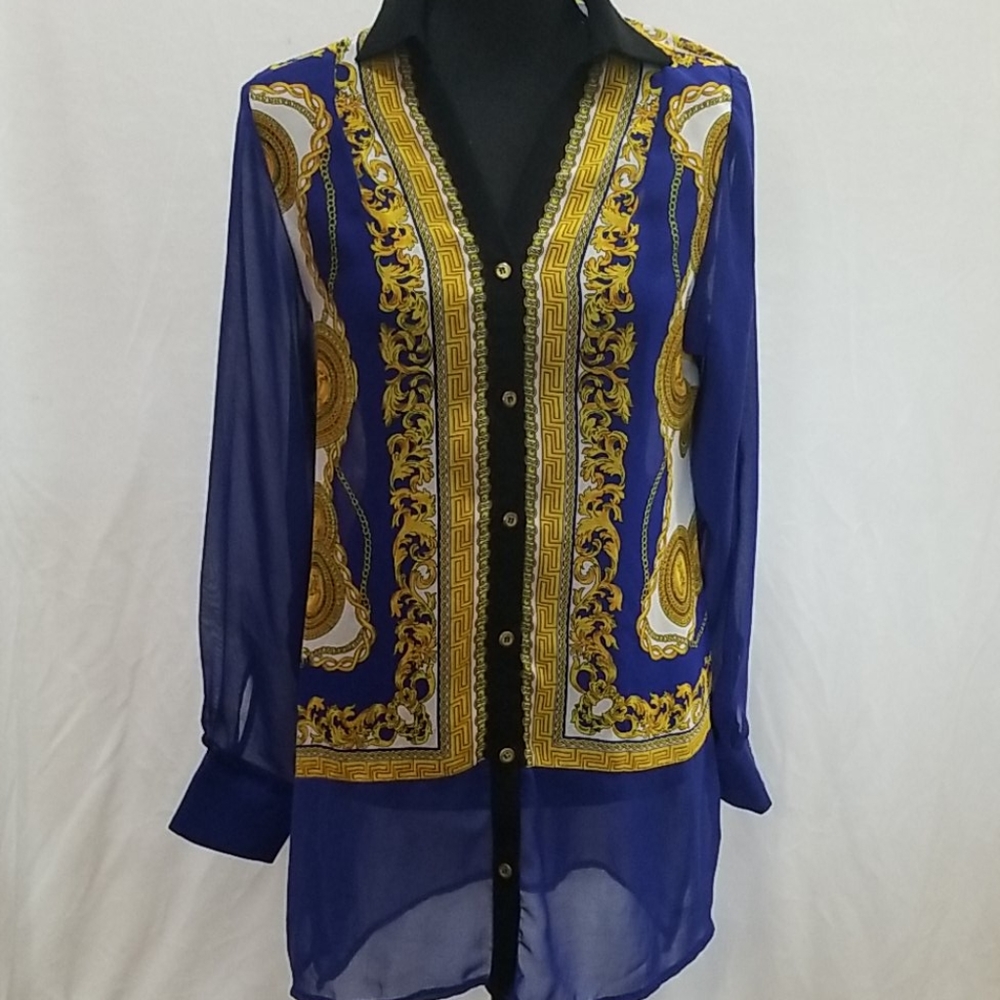 Sheer Women's Long Medium Top Blouse Blue & Gold